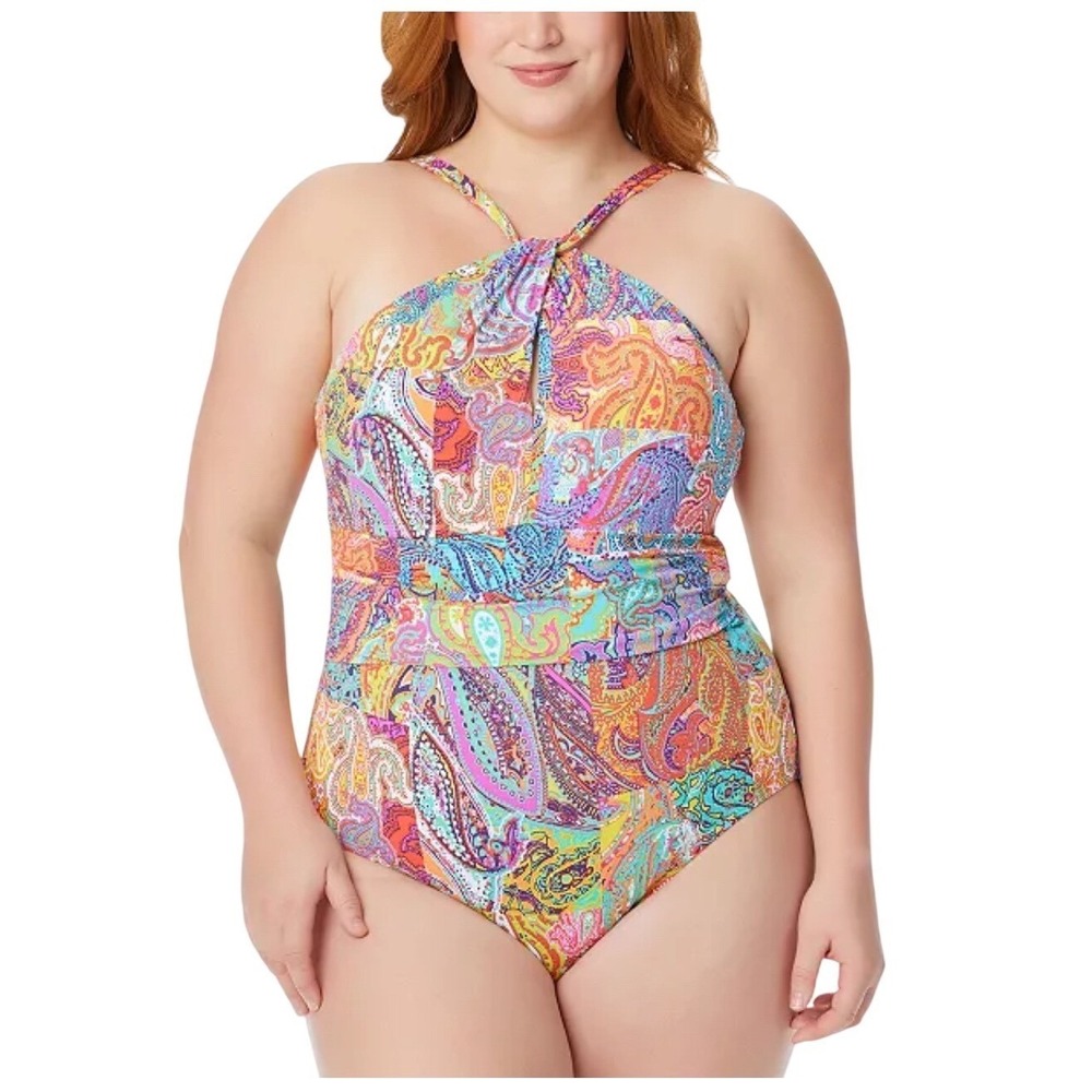 Bleu Rod Beattie Paisley Halter One‎ Piece Swimsuit Plus Size 16W Multi Color